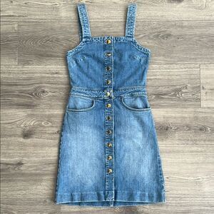 FRAME Claire Denim Mini Dress Size XS Islet Blue Gold Button Front Classic Retro